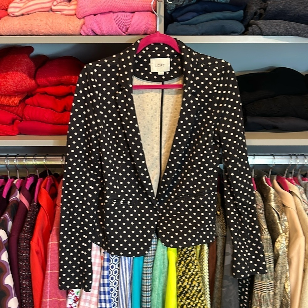Loft knit navy with tan polka dots open front blazer size 2